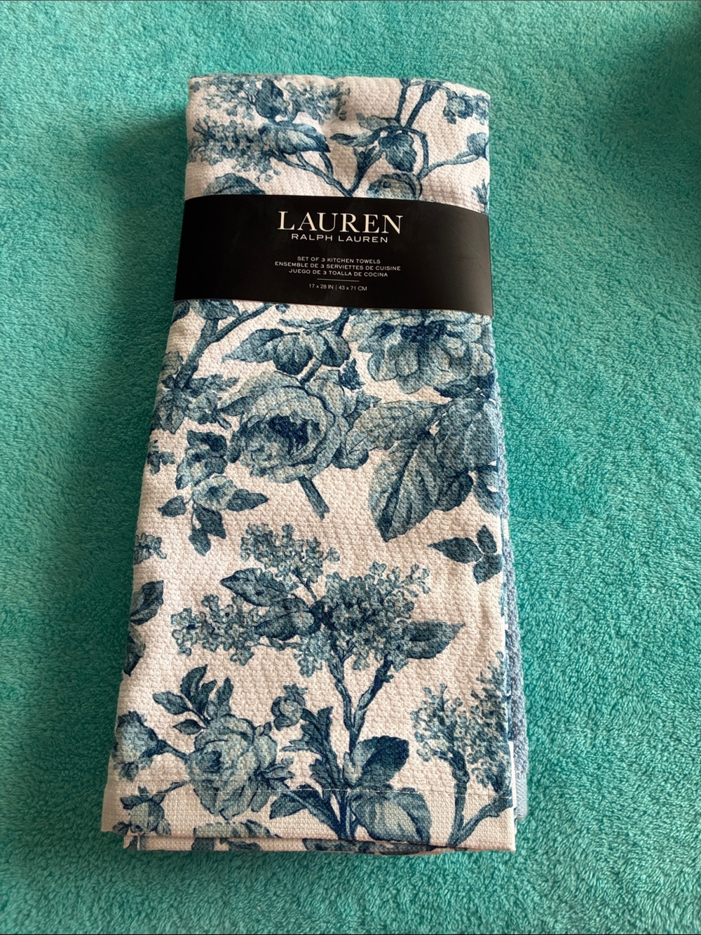 NWT Lauren Ralph Lauren Blue Floral Cotton Kitchen Towels Set of 3 17x28